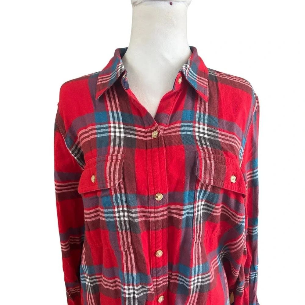 Chaps Women's Red Plaid Button-Up Shirt Floral Cuff Accent Size M
